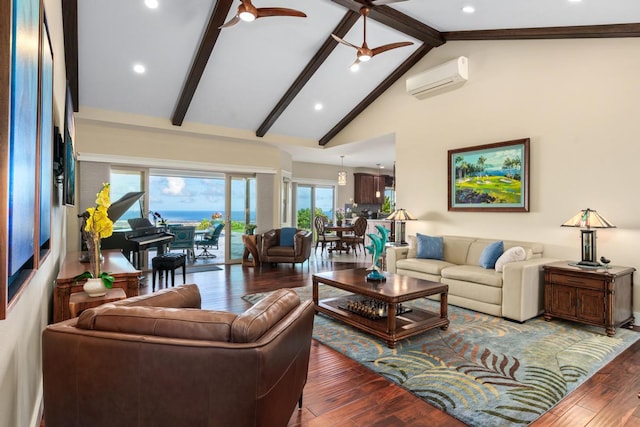 73-4366 Koikoi St, Kailua-Kona, HI 96740 - living room featuring a wall unit AC, beamed ceiling, hardwood / wood-style flooring, plenty of natural light, and high vaulted ceiling