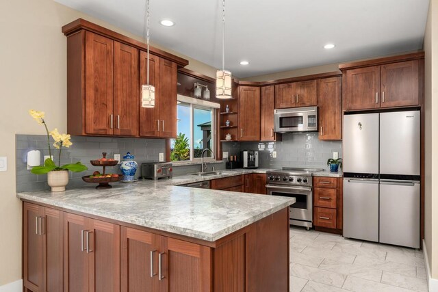 73-4366 Koikoi St, Kailua-Kona, HI 96740 - kitchen with stainless steel appliances, a peninsula, open shelves, backsplash, and recessed lighting