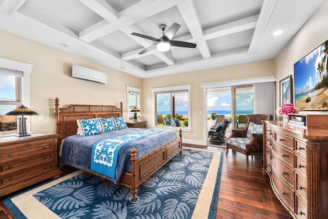 73-4366 Koikoi St, Kailua-Kona, HI 96740 - bedroom featuring a wall mounted AC, access to exterior, dark wood-style floors, coffered ceiling, and beamed ceiling