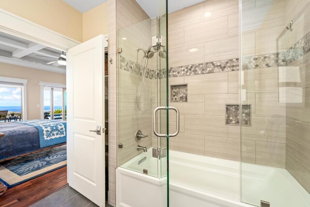 73-4366 Koikoi St, Kailua-Kona, HI 96740 - bathroom with ensuite bath, wood finished floors, beamed ceiling, shower / bath combination with glass door, and coffered ceiling