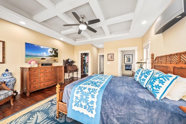 73-4366 Koikoi St, Kailua-Kona, HI 96740 - bedroom with coffered ceiling, wood finished floors, recessed lighting, beamed ceiling, and ceiling fan