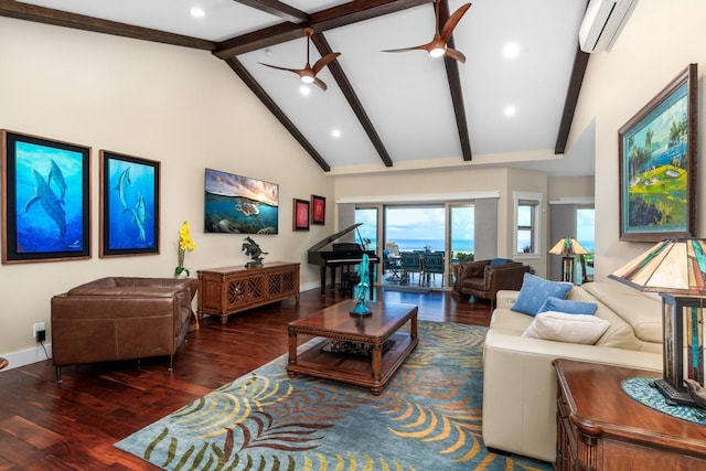 73-4366 Koikoi St, Kailua-Kona, HI 96740 - living room featuring a wall mounted AC, beamed ceiling, wood finished floors, recessed lighting, and a ceiling fan