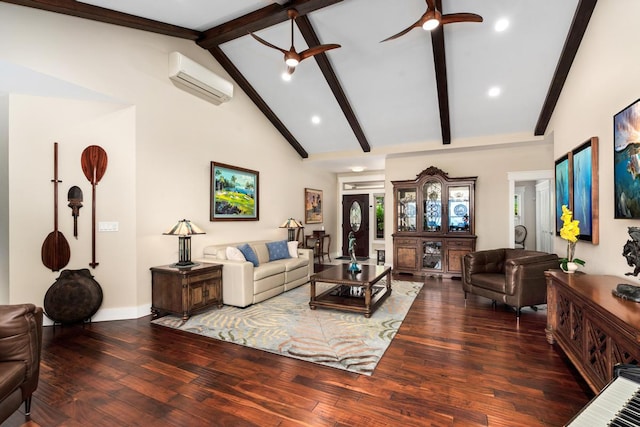 73-4366 Koikoi St, Kailua-Kona, HI 96740 - living room featuring a wall unit AC, beamed ceiling, hardwood / wood-style flooring, recessed lighting, and a ceiling fan