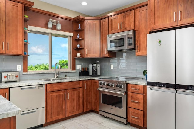 73-4366 Koikoi St, Kailua-Kona, HI 96740 - kitchen featuring open shelves, stainless steel appliances, brown cabinetry, and recessed lighting