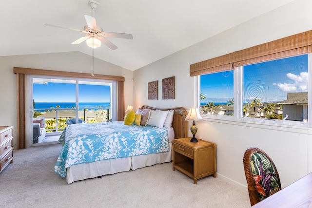 78-6833 Alii Dr Unit C5, Kailua-Kona, HI 96740 - carpeted bedroom featuring lofted ceiling, access to outside, a ceiling fan, and a water view