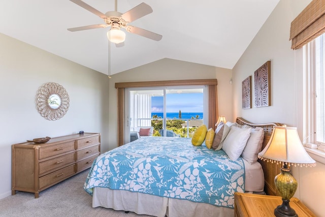 78-6833 Alii Dr Unit C5, Kailua-Kona, HI 96740 - bedroom with lofted ceiling, light colored carpet, a ceiling fan, and access to outside