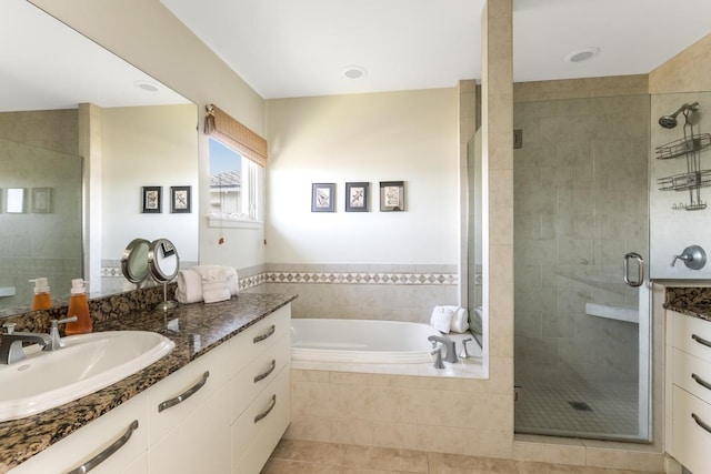 78-6833 Alii Dr Unit C5, Kailua-Kona, HI 96740 - bathroom with vanity, a stall shower, tile patterned flooring, and a garden tub