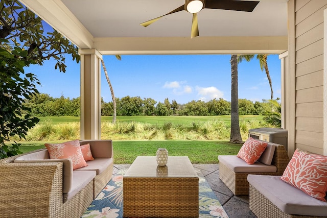 69-200 Pohakulana Pl Unit E2, Waikoloa, HI 96738 - view of patio featuring an outdoor hangout area, ceiling fan, and view of wooded area