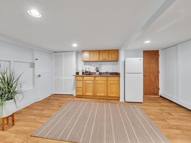 1668 Kilauea Ave, Hilo, HI 96720 - kitchen featuring freestanding refrigerator, light wood finished floors, and recessed lighting