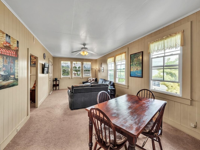 1668 Kilauea Ave, Hilo, HI 96720 - dining area with crown molding, light carpet, wood walls, and ceiling fan