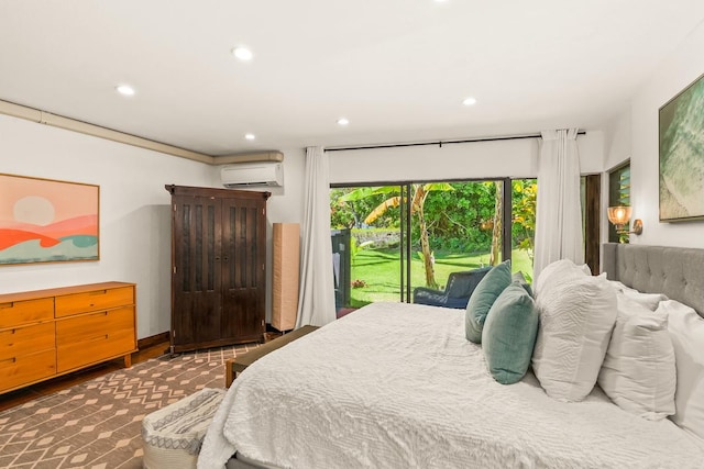 3920 Wyllie Rd Unit 10A, Princeville, HI 96722 - bedroom with an AC wall unit, access to exterior, recessed lighting, and wood finished floors