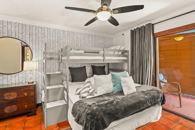 3920 Wyllie Rd Unit 10A, Princeville, HI 96722 - tiled bedroom with wallpapered walls and a ceiling fan