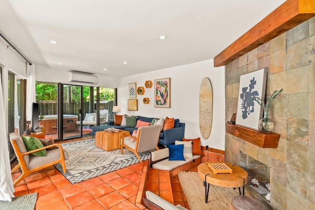 3920 Wyllie Rd Unit 10A, Princeville, HI 96722 - tiled living room featuring recessed lighting, a fireplace, and an AC wall unit