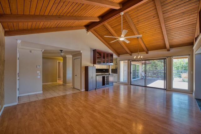 68-1768 Niu Haohao Pl, Waikoloa, HI 96738 - unfurnished living room with a wooden ceiling with exposed beams, high vaulted ceiling, a chandelier, light wood-style flooring, and ceiling fan