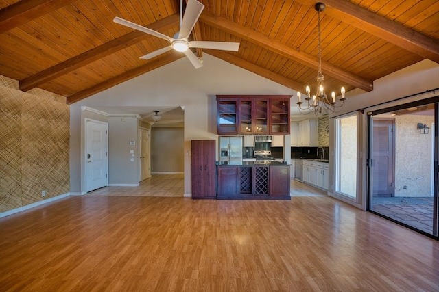 68-1768 Niu Haohao Pl, Waikoloa, HI 96738 - unfurnished living room with light wood-style floors, a chandelier, a wood ceiling with exposed beams, high vaulted ceiling, and ceiling fan