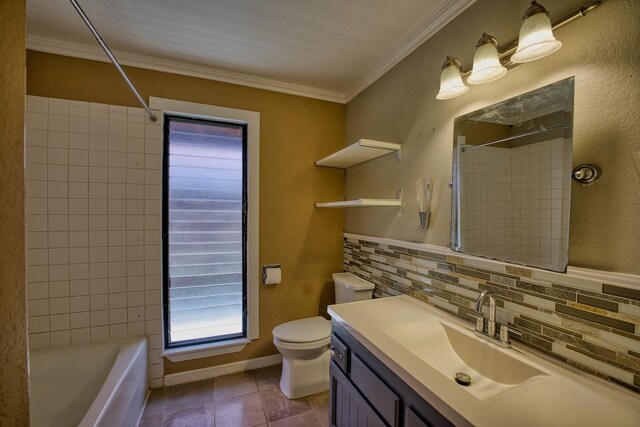 68-1768 Niu Haohao Pl, Waikoloa, HI 96738 - full bathroom with vanity, tile patterned flooring, decorative backsplash, crown molding, and shower / bath combination