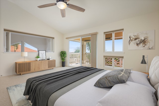 75-6060 Kuakini Hwy Unit E4, Kailua-Kona, HI 96740 - carpeted bedroom featuring access to outside, vaulted ceiling, multiple windows, and ceiling fan