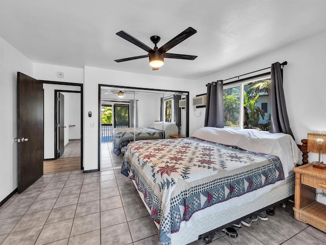 15-974 Paradise Ala Kai Dr, Keaau, HI 96749 - bedroom with a wall mounted air conditioner, light tile patterned flooring, a ceiling fan, and access to outside