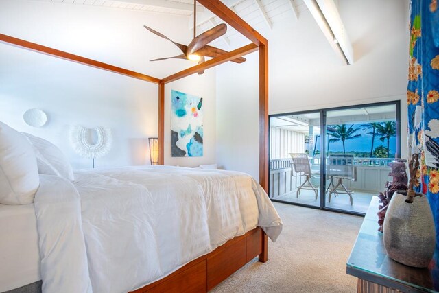 1565 Pee Rd Unit 122, Koloa, HI 96756 - carpeted bedroom featuring access to exterior, beamed ceiling, high vaulted ceiling, and a ceiling fan