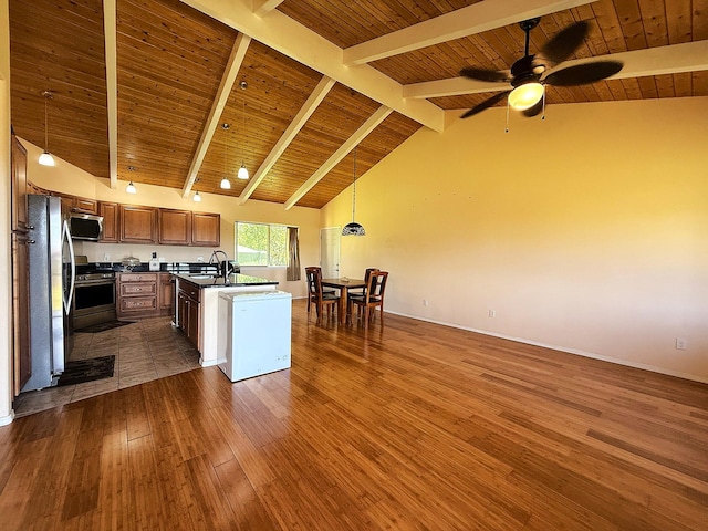 16-2110 Pearl Dr, Pahoa, HI 96778 - kitchen with appliances with stainless steel finishes, dark countertops, a wooden ceiling with exposed beams, dark wood-style flooring, and open floor plan