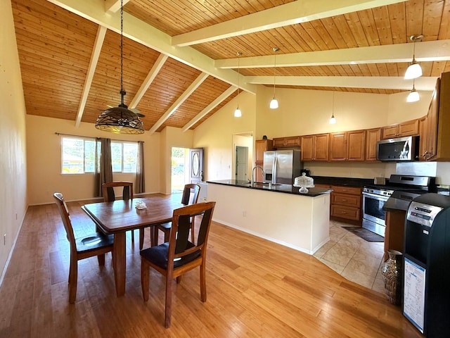 16-2110 Pearl Dr, Pahoa, HI 96778 - dining space with a wood ceiling with exposed beams, light wood-type flooring, and high vaulted ceiling