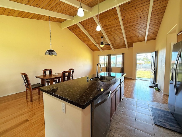 16-2110 Pearl Dr, Pahoa, HI 96778 - kitchen featuring stainless steel appliances, wooden ceiling, ceiling fan, hanging light fixtures, and a kitchen island with sink