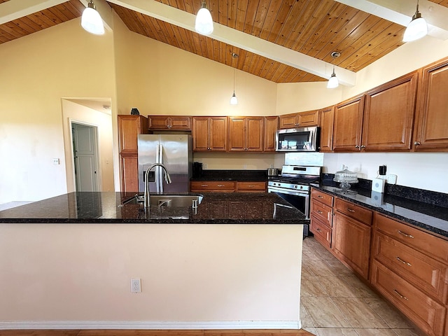 16-2110 Pearl Dr, Pahoa, HI 96778 - kitchen featuring stainless steel appliances, a wood ceiling with exposed beams, brown cabinets, high vaulted ceiling, and decorative light fixtures