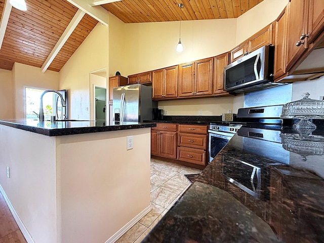16-2110 Pearl Dr, Pahoa, HI 96778 - kitchen with appliances with stainless steel finishes, a wooden ceiling with exposed beams, brown cabinetry, high vaulted ceiling, and decorative light fixtures