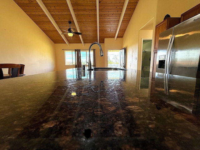 16-2110 Pearl Dr, Pahoa, HI 96778 - kitchen featuring stainless steel fridge with ice dispenser, a wood ceiling with exposed beams, a ceiling fan, and high vaulted ceiling