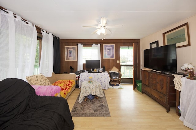 73-4216 Kiekie St, Kailua-Kona, HI 96740 - living room with light wood-style floors, ceiling fan, and wooden walls