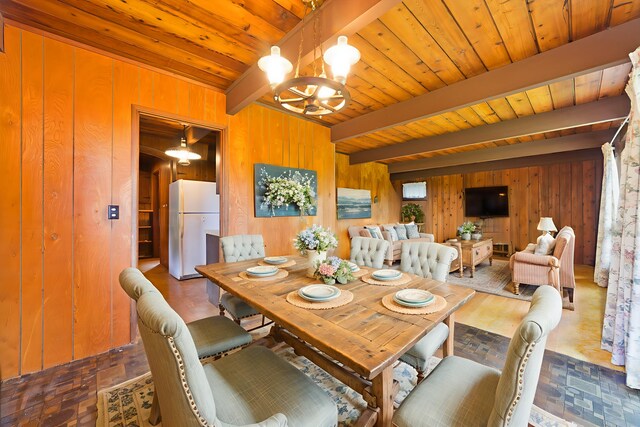 16-1331 Opeapea Rd, Mountain View, HI 96760 - dining space with wooden walls, a chandelier, and a wooden ceiling with exposed beams