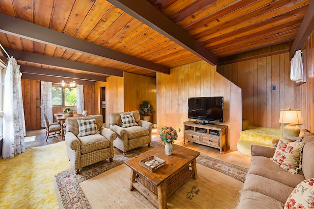 16-1331 Opeapea Rd, Mountain View, HI 96760 - living room featuring wood walls, a chandelier, light wood-style flooring, and a wood ceiling with exposed beams
