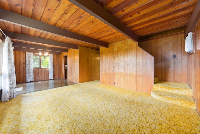 16-1331 Opeapea Rd, Mountain View, HI 96760 - unfurnished room with wood walls, a chandelier, and a wooden ceiling with exposed beams