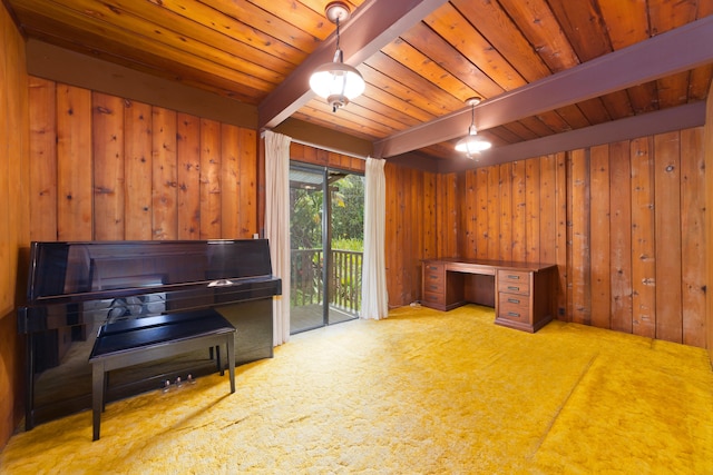 16-1331 Opeapea Rd, Mountain View, HI 96760 - home office with a wooden ceiling with exposed beams, carpet floors, and wood walls