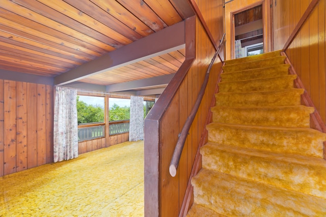 16-1331 Opeapea Rd, Mountain View, HI 96760 - stairway featuring carpet, a wooden ceiling with exposed beams, and wood walls