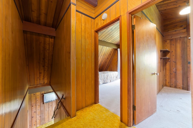 16-1331 Opeapea Rd, Mountain View, HI 96760 - hallway featuring carpet, wooden walls, wood ceiling, and an upstairs landing