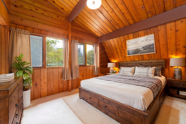 16-1331 Opeapea Rd, Mountain View, HI 96760 - bedroom featuring vaulted ceiling, wooden walls, light carpet, and wood ceiling