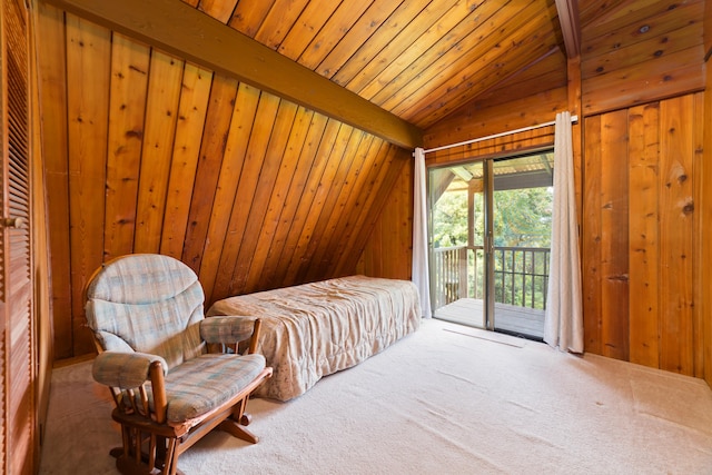 16-1331 Opeapea Rd, Mountain View, HI 96760 - bedroom featuring access to exterior, wooden ceiling, wooden walls, and carpet flooring