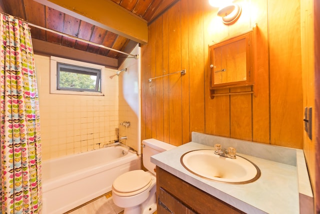 16-1331 Opeapea Rd, Mountain View, HI 96760 - full bath featuring wooden ceiling, shower / bathtub combination with curtain, vanity, and wood walls