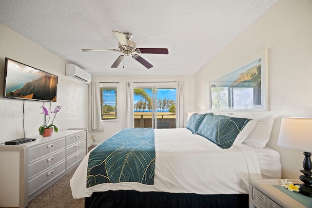 525 Aleka Lp Unit F15, Kapaa, HI 96746 - carpeted bedroom with an AC wall unit, access to outside, a textured ceiling, and a ceiling fan