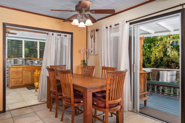 76-6132 Plumeria Rd, Kailua-Kona, HI 96740 - dining area with a ceiling fan, crown molding, and light tile patterned flooring