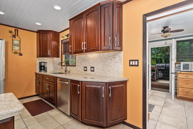 76-6132 Plumeria Rd, Kailua-Kona, HI 96740 - kitchen featuring stainless steel appliances, a ceiling fan, decorative backsplash, light tile patterned flooring, and light stone countertops