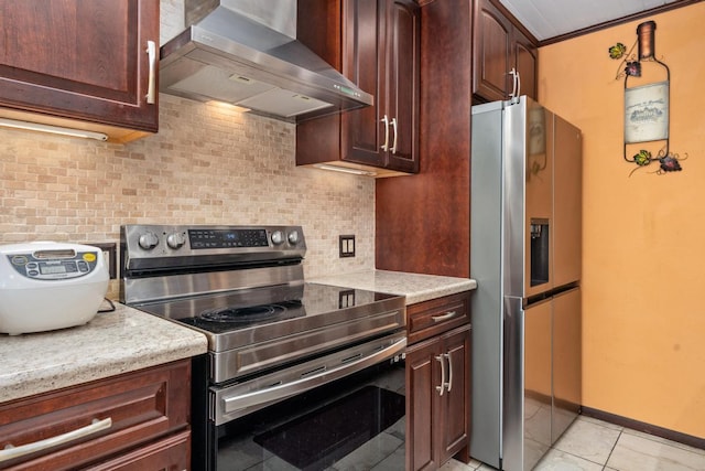 76-6132 Plumeria Rd, Kailua-Kona, HI 96740 - kitchen featuring wall chimney exhaust hood, appliances with stainless steel finishes, tasteful backsplash, light tile patterned floors, and dark brown cabinetry