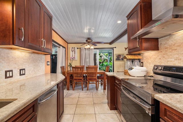 76-6132 Plumeria Rd, Kailua-Kona, HI 96740 - kitchen with stainless steel appliances, wall chimney exhaust hood, decorative backsplash, light tile patterned flooring, and wood ceiling