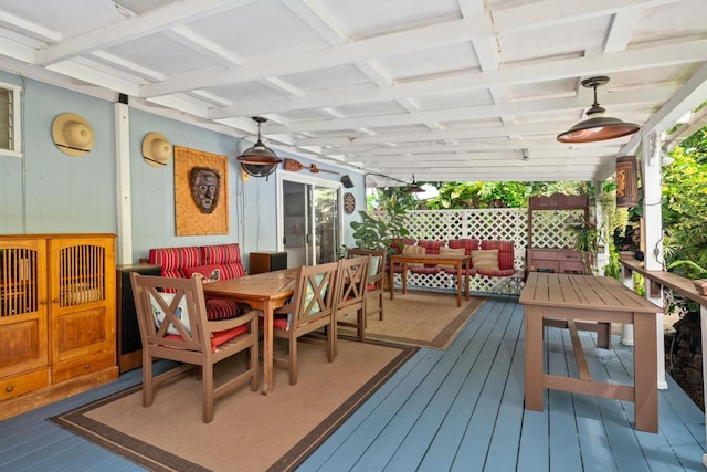 76-6132 Plumeria Rd, Kailua-Kona, HI 96740 - wooden deck with an outdoor hangout area, a ceiling fan, and outdoor dining space