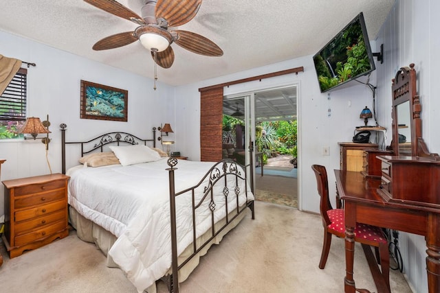 76-6132 Plumeria Rd, Kailua-Kona, HI 96740 - bedroom featuring access to outside, light colored carpet, a textured ceiling, and a ceiling fan