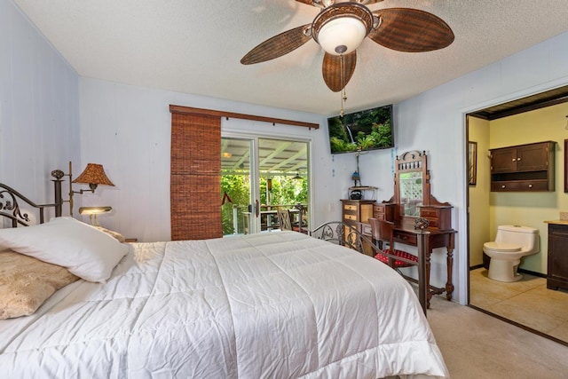 76-6132 Plumeria Rd, Kailua-Kona, HI 96740 - bedroom with access to exterior, light carpet, connected bathroom, a ceiling fan, and a textured ceiling