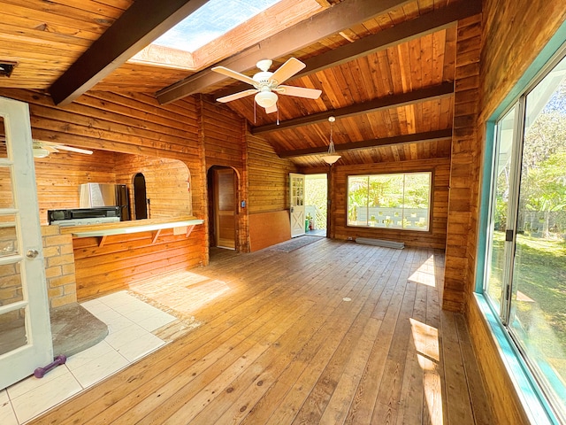 11-3927 8th St, Volcano, HI 96785 - unfurnished living room featuring wood-type flooring, wood walls, plenty of natural light, a skylight, and wooden ceiling