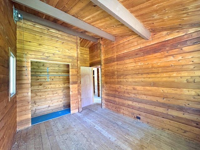 11-3927 8th St, Volcano, HI 96785 - empty room featuring wooden walls, hardwood / wood-style flooring, and a wood ceiling with exposed beams