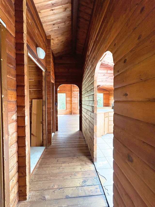 11-3927 8th St, Volcano, HI 96785 - corridor with arched walkways, hardwood / wood-style flooring, wood walls, lofted ceiling, and wood ceiling